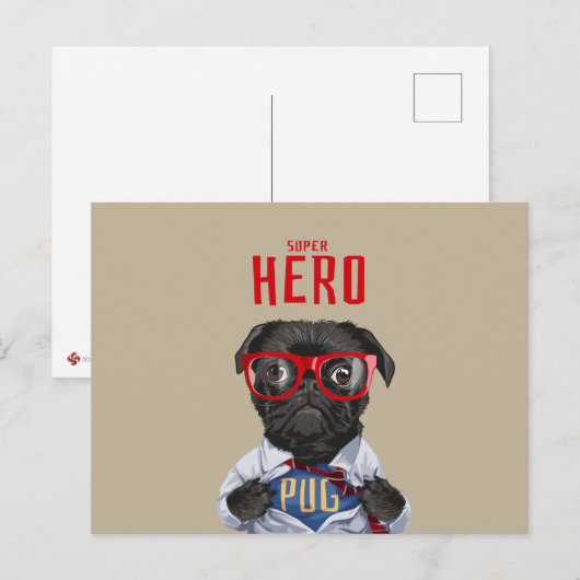 Schwarzer Mops Superhero-Abbildung Postkarte (Vorne/Hinten)