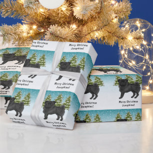 Schwarzer Mops süßer Cartoon-Hund Schneebedeckter Geschenkpapier