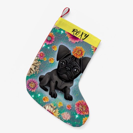 Schwarzer Mops Weihnachts-Strumpf mit Namen. Kleiner Weihnachtsstrumpf (Vorderansicht (hängend))