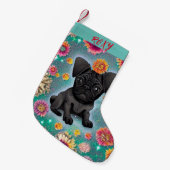 Schwarzer Mops Weihnachts-Strumpf mit Namen. Kleiner Weihnachtsstrumpf (Vorderansicht (hängend))