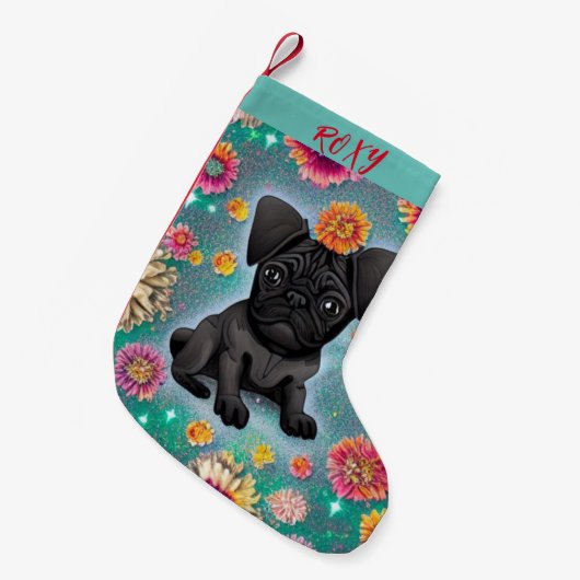 Schwarzer Mops Weihnachts-Strumpf mit Namen. Kleiner Weihnachtsstrumpf (Vorderansicht (hängend))