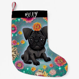 Schwarzer Mops Weihnachts-Strumpf mit Namen. Kleiner Weihnachtsstrumpf