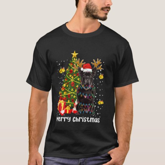 Schwarzer Mops Weihnachtsbaum Lichter Weihnachten T-Shirt (Vorderseite)