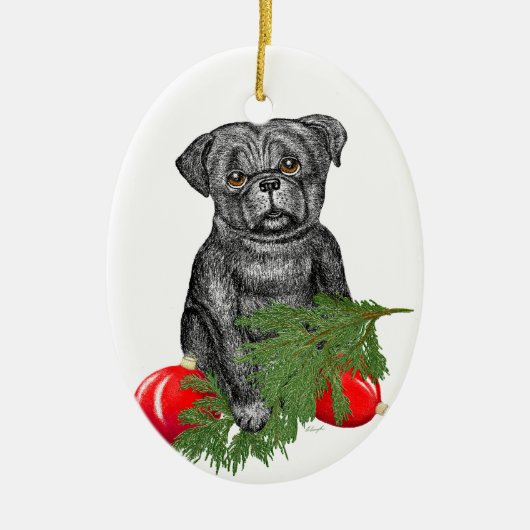 Schwarzer Mops Welpe Adventure Weihnachten Kunst Keramik Ornament (Vorne)
