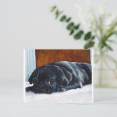 Schwarzer Mops Welpe Postkarte (Stehend Vorderseite)