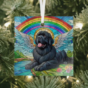 Schwarzer Neufundländer-Engel unter Regenbogen-Son Ornament Aus Glas