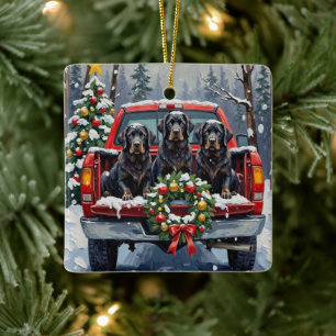 Schwarzer Neufundländer Weihnachten Rotes Lastwage Keramikornament