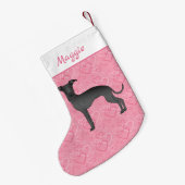 Schwarzer Niedlicher Grauhund auf rosa Herzen Kleiner Weihnachtsstrumpf (Rückseite (Hängend))