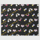 Schwarzer Niedlicher Regenbogen Einhorn Star Magic Geschenkpapier (Flach)