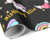 Schwarzer Niedlicher Regenbogen Einhorn Star Magic Geschenkpapier (Rolleneckpunkt)