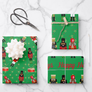 Schwarzer Nutcracker Weihnachtswrapping Paper Grün Geschenkpapier Set
