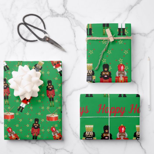 Schwarzer Nutcracker Weihnachtswrapping Paper Grün Geschenkpapier Set (Vorderseite)