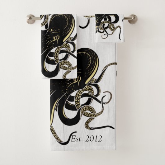 Schwarzer Oktopus Küste Weißes Holz Badhandtuch Set (Insitu)