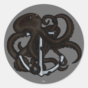 Schwarzer Oktopus über Anker Runder Aufkleber