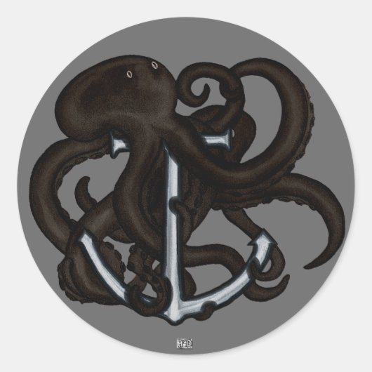 Schwarzer Oktopus über Anker Runder Aufkleber (Vorderseite)