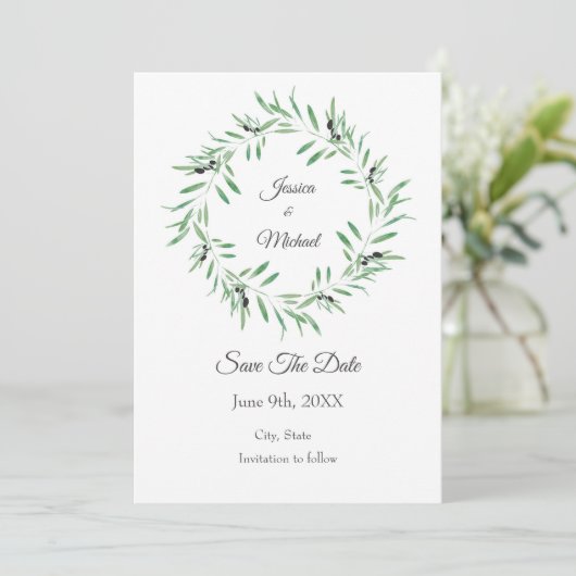 Schwarzer Olive-Kranz Save The Date (Stehend Vorderseite)