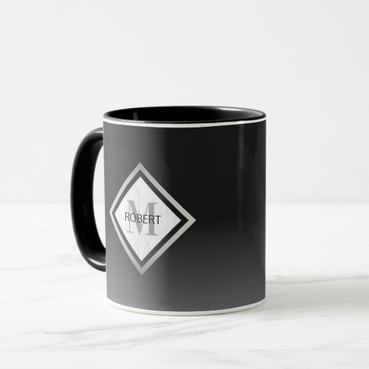 Schwarzer Ombre Silver Marble Mit Monogramm Tasse (Vorderseite Links)