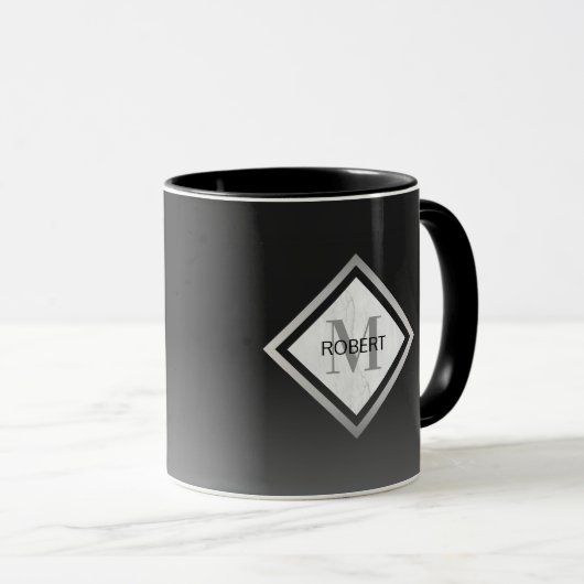 Schwarzer Ombre Silver Marble Mit Monogramm Tasse (VorderseiteRechts)
