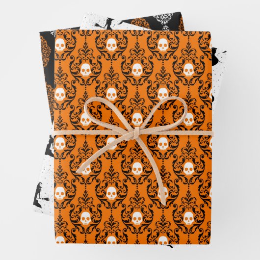 Schwarzer Orange Extravagant Skull Damask Hexe Hal Geschenkpapier Set (Beispiel)