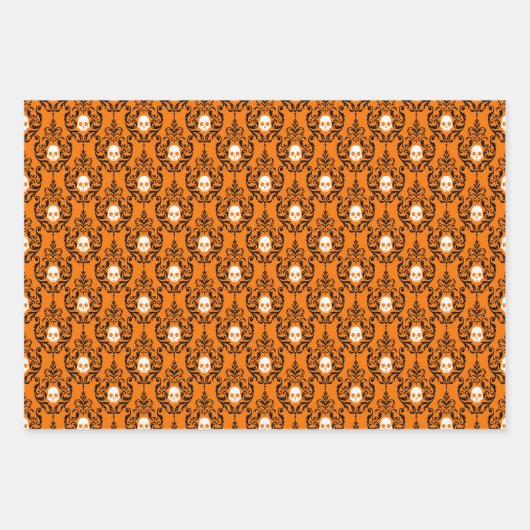 Schwarzer Orange Extravagant Skull Damask Hexe Hal Geschenkpapier Set (Vorderseite)