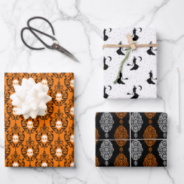 Schwarzer Orange Extravagant Skull Damask Hexe Hal Geschenkpapier Set