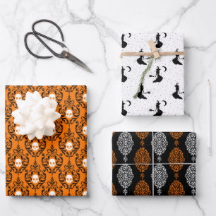 Schwarzer Orange Extravagant Skull Damask Hexe Hal Geschenkpapier Set