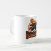 Schwarzer Orange Kopfjäger Halloween Kaffeetasse (Vorderseite Links)