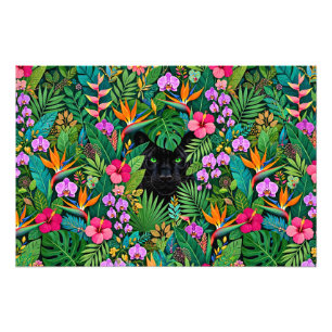 Schwarzer Panther Dschungelblumen und tropisches B Fotodruck