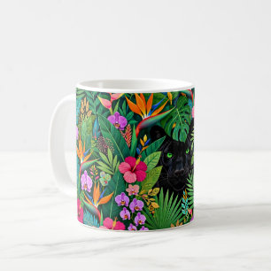 Schwarzer Panther Dschungelblumen und tropisches B Kaffeetasse