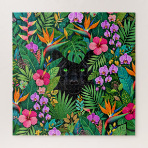 Schwarzer Panther Dschungelblumen und tropisches B Puzzle