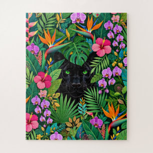 Schwarzer Panther Dschungelblumen und tropisches B Puzzle
