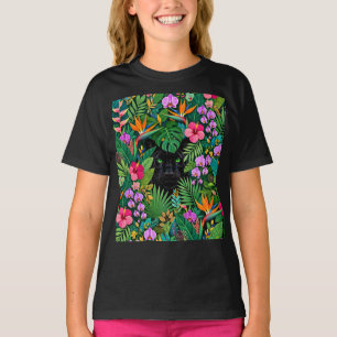 Schwarzer Panther Dschungelblumen und tropisches B T-Shirt