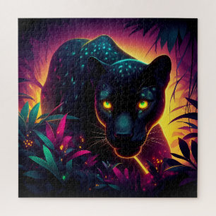Schwarzer Panther farbenfroher Exotic Dschungel Wa Puzzle