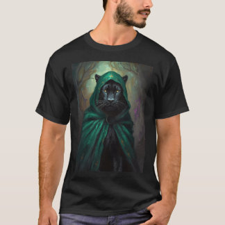 Schwarzer Panther in grünem Umhang und Wäldern T-Shirt