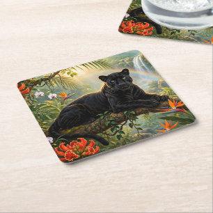 Schwarzer Panther Kenia Dschungel Blumen Wasserfal Rechteckiger Pappuntersetzer