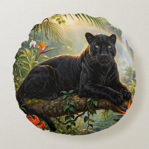 Schwarzer Panther Kenia Dschungel Blumen Wasserfal Rundes Kissen