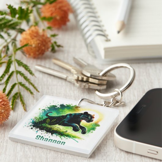 Schwarzer Panther mit grüner Umgebung Monogram | Schlüsselanhänger (Vorderseite rechts)