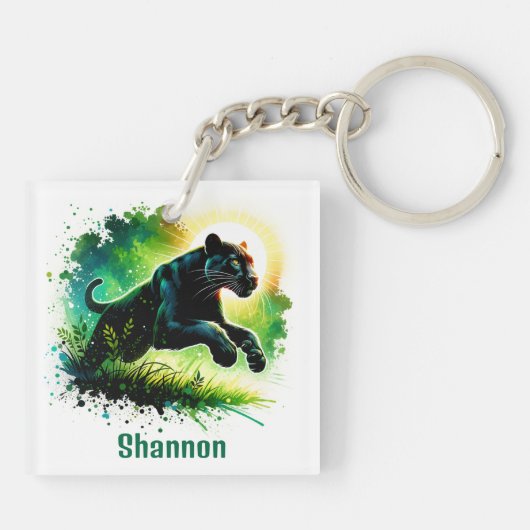 Schwarzer Panther mit grüner Umgebung Monogram | Schlüsselanhänger (Rückseite)