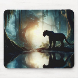 Schwarzer Panther spiegelt sich im Wasserbecken im Mousepad