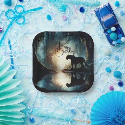 Schwarzer Panther spiegelt sich in Wasser zum Gebu Pappteller (Party)