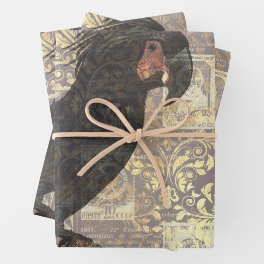 Schwarzer Papagei mit Damask und Newsprint Geschenkpapier Set (Beispiel)