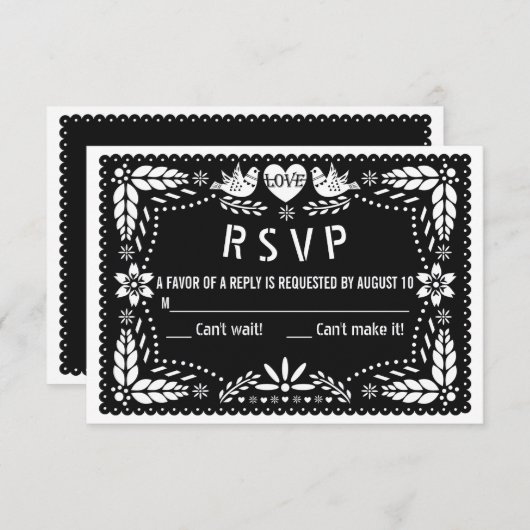 Schwarzer Papel Picado liebt Vögel und Blume Hochz RSVP Karte (Vorne/Hinten)