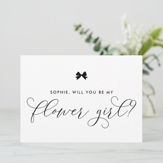Schwarzer Pariser Bow wirst du mein Blumenmädchen  Einladung (Stehend Vorderseite)