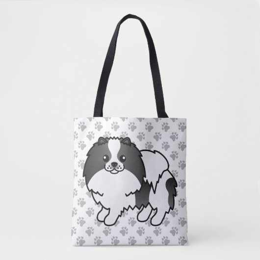 Schwarzer Parti-Color-Spitz-Cartoon Hund & Paws Tasche (Vorderseite)