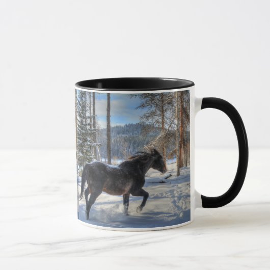 Schwarzer Percheron im Winter - Schnee und Wald Tasse (Rechts)