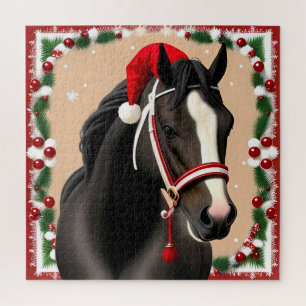 Schwarzer Pferd Santa Hut Weihnachtsszene für die Puzzle
