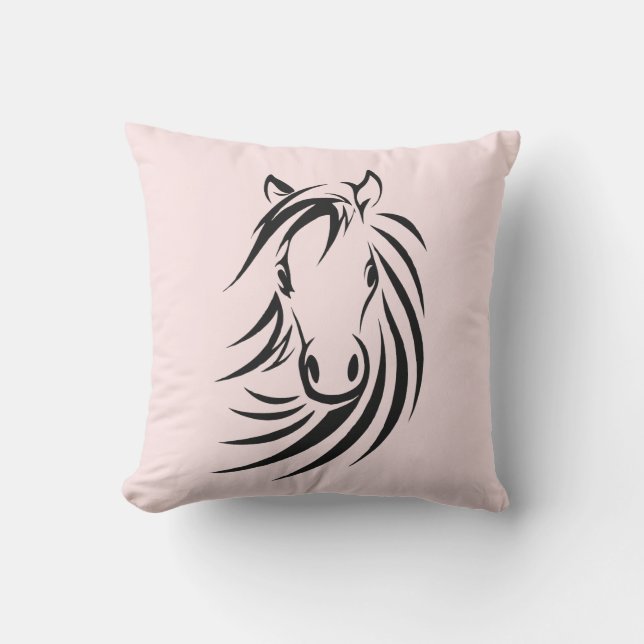 Schwarzer Pferdekopf auf Rosa Kissen Für Draußen (Vorderseite)