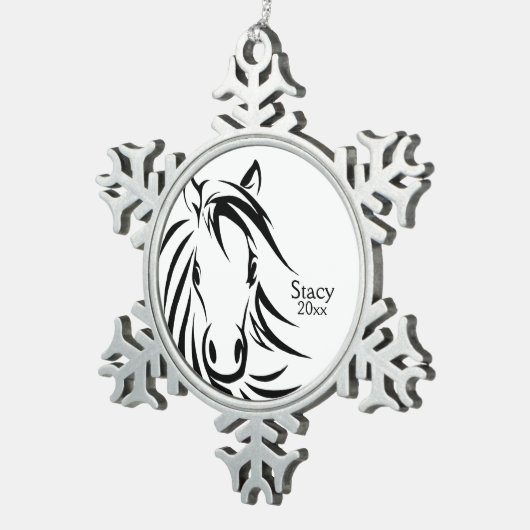 Schwarzer Pferdekopf Schneeflocken Zinn-Ornament (Rechts)