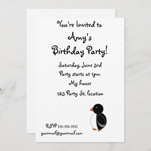Schwarzer Pinguin Einladung (Vorne/Hinten)