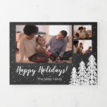 Schwarzer Pinienwald Urlaub 6 Foto Dreifach Gefaltete Urlaubskarte<br><div class="desc">Lassen Sie es mit dieser reichen, juwelenfarbenen Urlaubssammlung schneien. Im Mittelpunkt des Designs stehen individuell anpassbare Fotos, die in den Ecken mit weißen Weihnachtskiefern bepflanzt sind. Schnee fällt in den Hintergrund, um Textur hinzuzufügen. Ein individualisierbarer Gruß in einem Bauernskript-Schriftart verleiht dem Design ein skurriles Gefühl. Fügen Sie zwei zusätzliche Fotos...</div>